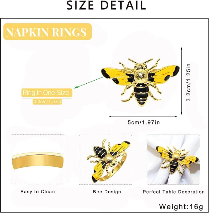 Bee Napkin Rings Set of 12 Glossy Yellow Honeybee Napkin Holders - Image 8