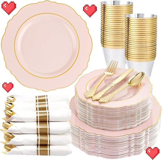 Liacere 350PCS Pink Plates Disposable-PinK Plates 50guest Baroque Plastic Dinnerware include 100Plates, 50Pack Pre Rolled Napkins with Silverware 50Cups Perfect for Valentine's Day＆Galentines Day