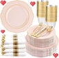 Liacere 350PCS Pink Plates Disposable-PinK Plates 50guest Baroque Plastic Dinnerware include 100Plates, 50Pack Pre Rolled Napkins with Silverware 50Cups Perfect for Valentine's Day＆Galentines Day
