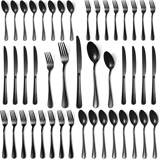 40 Pcs Black Silverware Set for 8, Food Grade Stainless Steel Flatware Set by Lazycorner