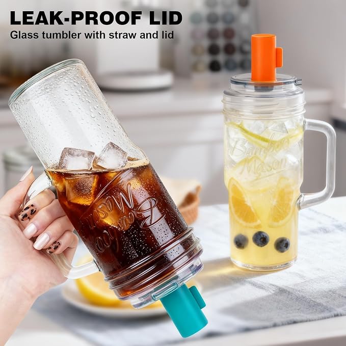 ANOTION Mason Jar Cups with Lids and Straw, Leakproof 24oz Glass Tumbler with - Image 4