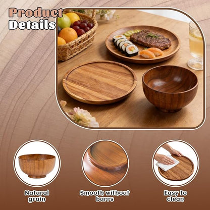 12 Pcs Wood Dinnerware Set, 8 Inch 10 Inch Round Wooden Plates and wooden bowl - Image 3