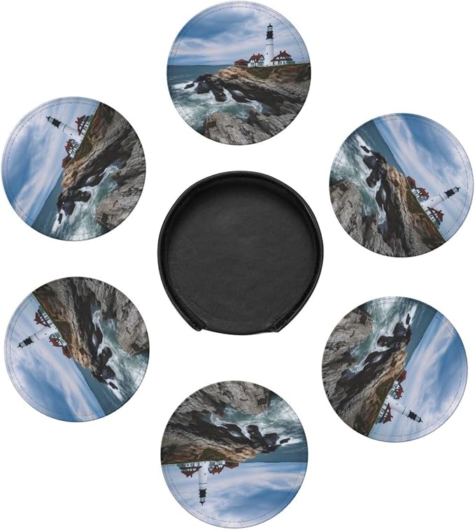 Lighthouse Beach Sky Leather Coasters Set of 6 - Image 7