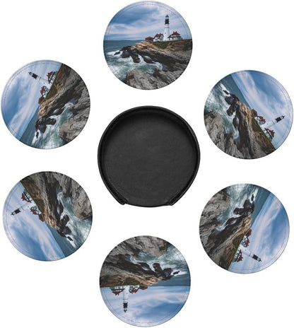 Lighthouse Beach Sky Leather Coasters Set of 6 - Image 7