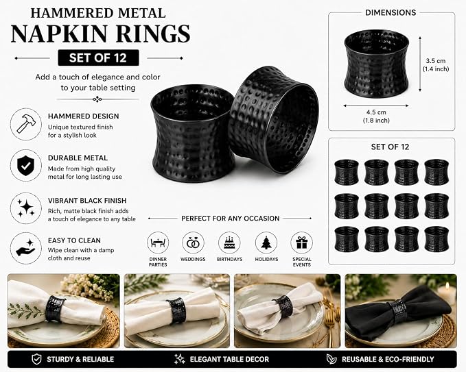 ITOS365 Black Napkin Rings Set of 12, Handmade Hammered Metal Napkin Ring - Image 2