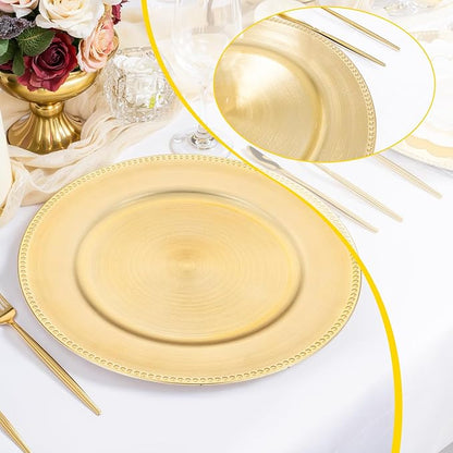 LIYH 8 Pcs Gold Charger Plates 13'' Plastic Round Chargers Plates Reusable Wedding Dinner for for Table Setting Wedding Party Decoration
