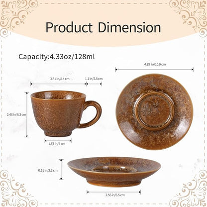 KAMMAK Tea Cups and Saucers Set of 2, 4.3 oz Glaze Coffee Mugs, 807N | - Image 2