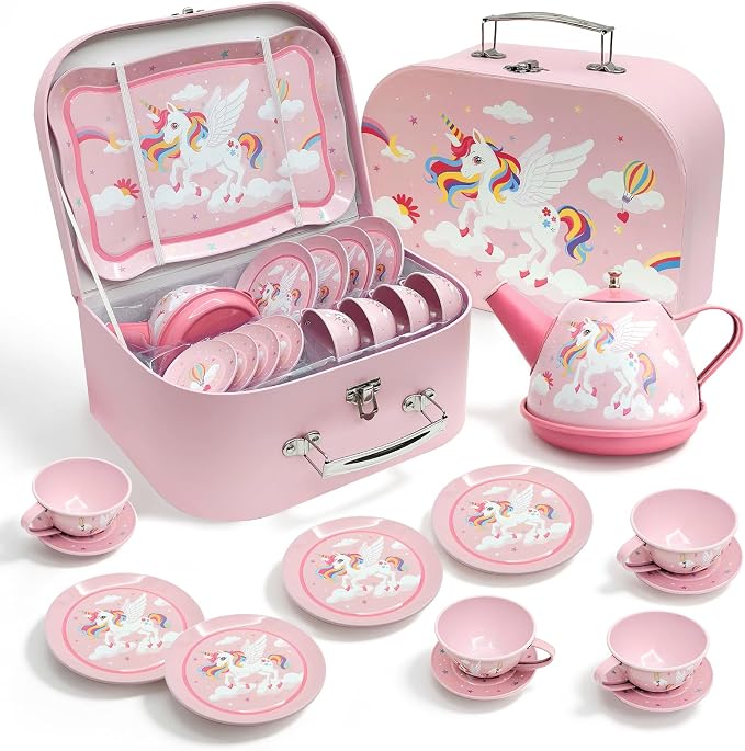 Tea Party Set for Little Girls, Pretend Tin Teapot Set by FairyToona