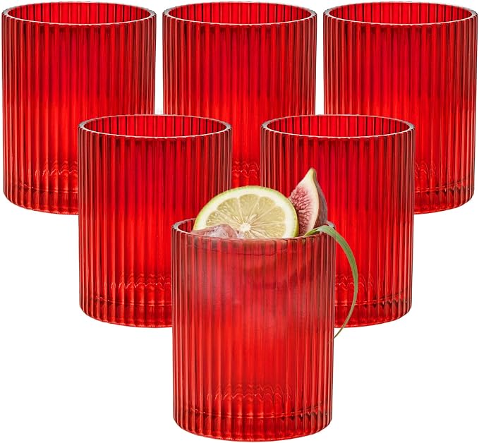 14 oz Ribbed Drinking Glasses Set of 6, High Clear Vintage Iced Coffee Cups by XKXKKE