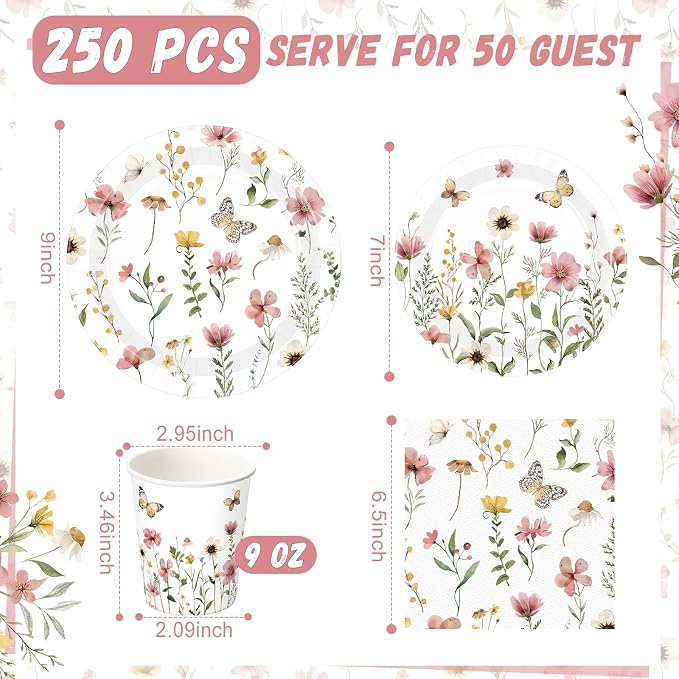 250 Pcs Wildflower Party Decorations Include Spring Summer Floral Paper Plates - Image 3