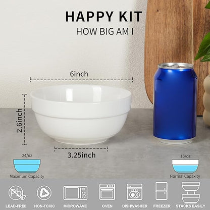 HAPPY KIT 6inch Ceramic Soup Bowls, Cereal Bowl Set of 6, 24OZ for Kitchen, Cereal Soup Rice Pasta Salad Oatmeal, Thick-edge Non-slip Design