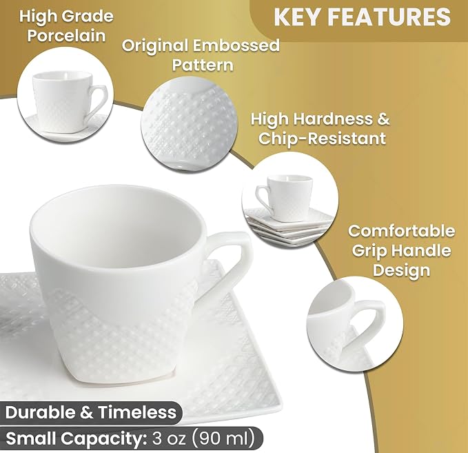 FUOCCI Turkish Coffee Cup Set of 6, Espresso Cups & Saucer, 3 oz Porcelain | - Image 3