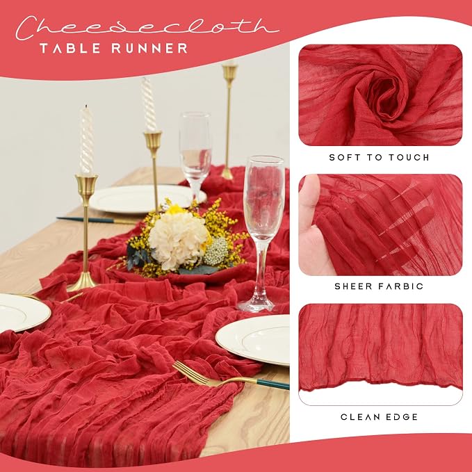 YMHPRIDE 12 Pack Cheesecloth Table Runner 35x120in Red Table Runner | Boho - Image 4
