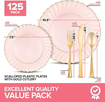 125 Piece Pink & Gold Scalloped Plastic Dinnerware Set - Image 2