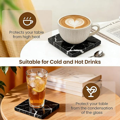 Natural Marble Coasters, Square Costers, Luxury Aesthetic Modern Decor for Coffee Table Bar Kitchen Home, Black Marble, Real Natural Semi Absorbent Stone Coasters