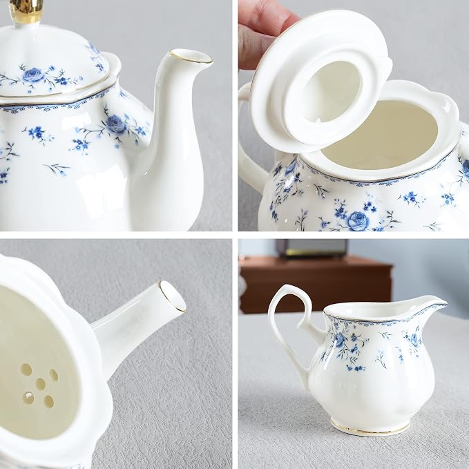 fanquare 15 Piece Blue Rose Porcelain Tea Set, British Floral Teapot - Image 2