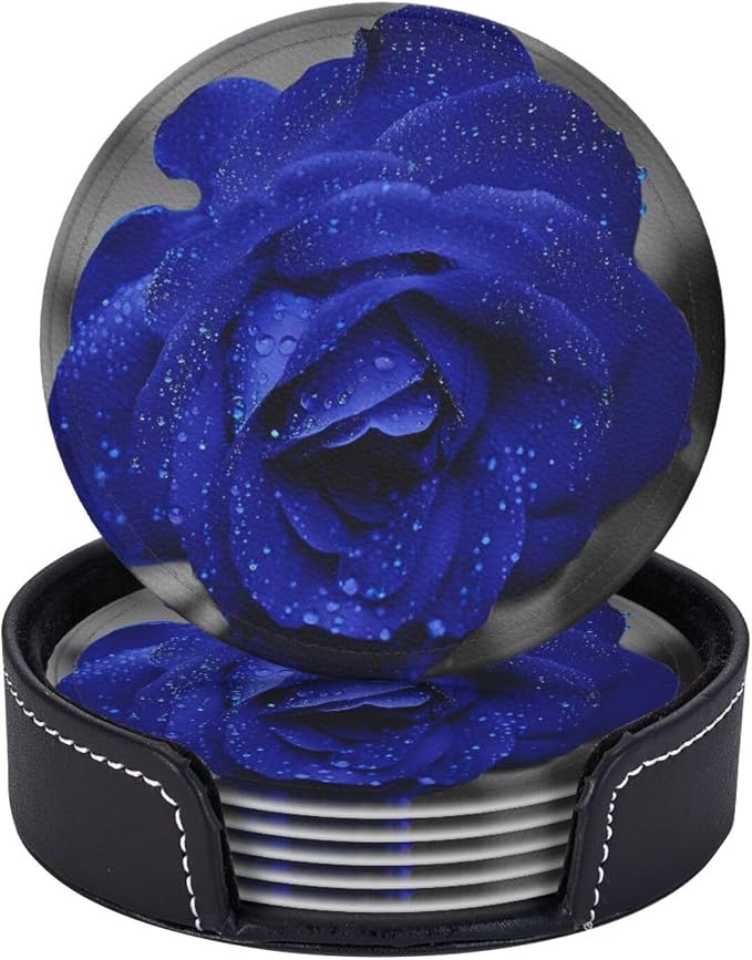 6 Pcs Blue Rose Flower Leather Coasters by CAPVKING