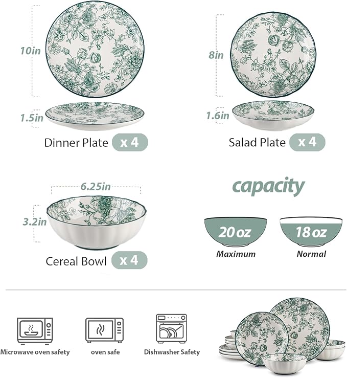 12-Piece Dinnerware Set Service 4, Porcelain Plates and Bowls Set, Vintage - Image 3