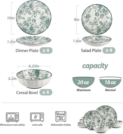 12-Piece Dinnerware Set Service 4, Porcelain Plates and Bowls Set, Vintage - Image 3