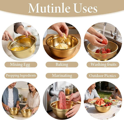 5 Pack Gold Mixing Bowls with Airtight Lids, Stainless Steel Mixing Bowl Set with Colander, Gold Nested Bowl, Metal Nesting Organizers, for Baking Prepping and Serving Food, Size 1.5, 2.0, 2.5, 4.0 Qt