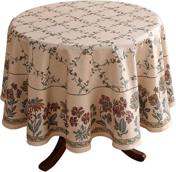 patdrea Designer Vintage Linen Round Table Cloth,Durable Breathable Floral Tablecloth,Dacorative Table Covers for Kitchen Dining Tea Party,Holiday,Christmas,Thanksgiving,Diameter 67"-Oliveirad