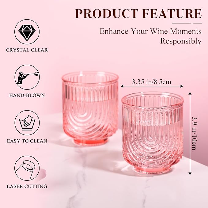 Pink Vintage Drinking Glasses Set of 6-15oz Hand-Blown Highball Ribbed Glassware - Image 3