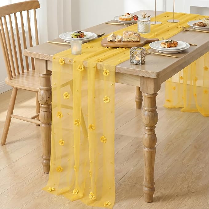 Artoid Mode Yellow Flower Pearl Yellow Gauze Table Runner 10FT 3PC, Seasonal - Image 3