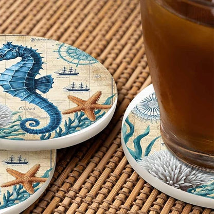 Blue Seahorse Anti Slip Coasters Ocean Wildlife Sea Animals Adventure Aquatic Rose Nautical Map Cups Place Mats for Table Home Decor 4 Inches Living Room Kitchen Coffee Table,2 Pcs