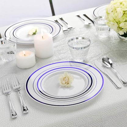 125-Piece White and Blue Fancy Plastic Plates Disposable - Image 2