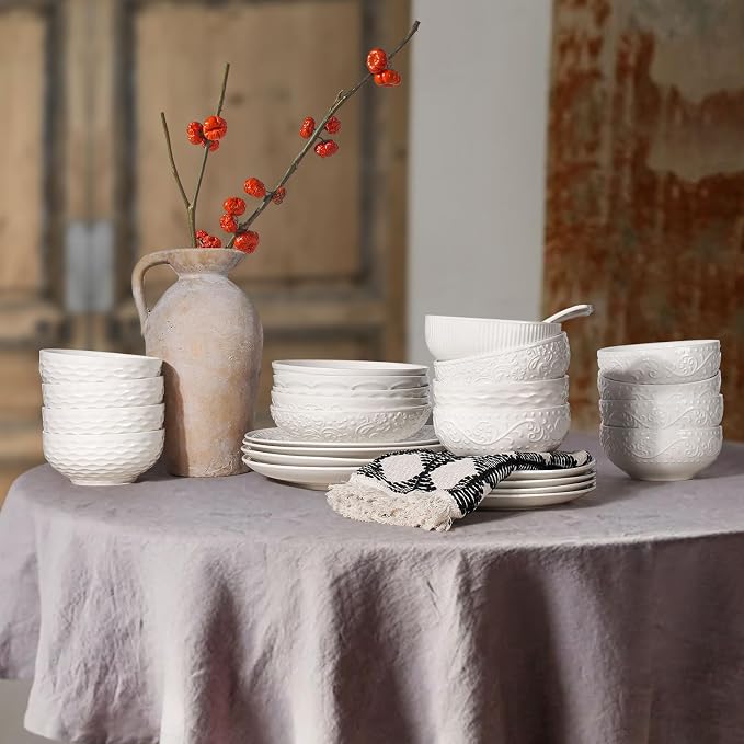 Ceramic Cereal Bowls 26 oz, Embossment Soup Bowls Set of 4, Dishwasher - Image 4