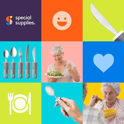 Special Supplies Adaptive Utensils (5-Piece Kitchen Set) Wide, Non-Weighted, Non-Slip Handles for Hand Tremors, Arthritis, Parkinson’s or Elderly Use - Stainless Steel (Grey)