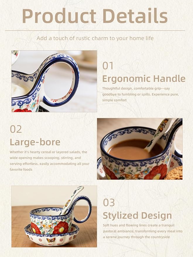 silesia Handmade Loop Handle Soup Bowl, Plate and Spoon Set Ceramic Hand - Image 6