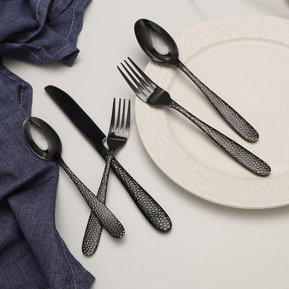 Black Hammered Silverware Set, 40 Piece Stainless Steel Heavy Duty Flatware Set for 8, Food-Grade Tableware Cutlery Set for Home Restaurant, Mirror Polished, Dishwasher Safe