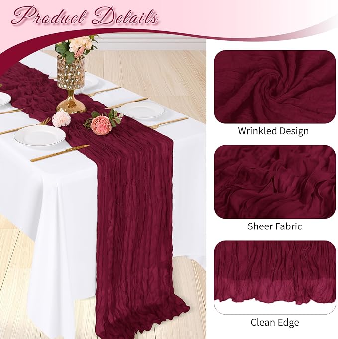 3 Pack Burgundy Cheesecloth Table Runner, 17 x 108 inch, Semi Sheer Boho Cheese - Image 4