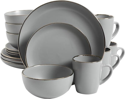 Gibson Home Rockaway 16-Piece Round Stoneware Dinnerware Set, Service for 4 – Grey with Gold Rim Plates and Bowls, Microwave & Dishwasher Safe