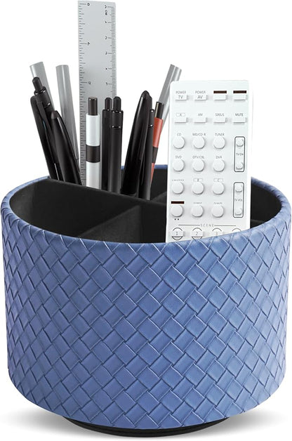 Hennaja Round Leather Art Supply Organizer,Remote Control Holder,360 Degree Spinning,Multi-Functional Pencil Holder,4 Compartments Desktop Stationary Organizer(1-Weave Blue)