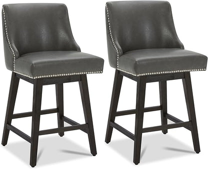 CHITA Counter Height Swivel Bar Stools Set of 2, FSC Certified Upholstered Counter Stools, Modern Swivel Barstools with Wood Legs for Kitchen Island, 26" Seat Height, Faux Leather in Retro Grey