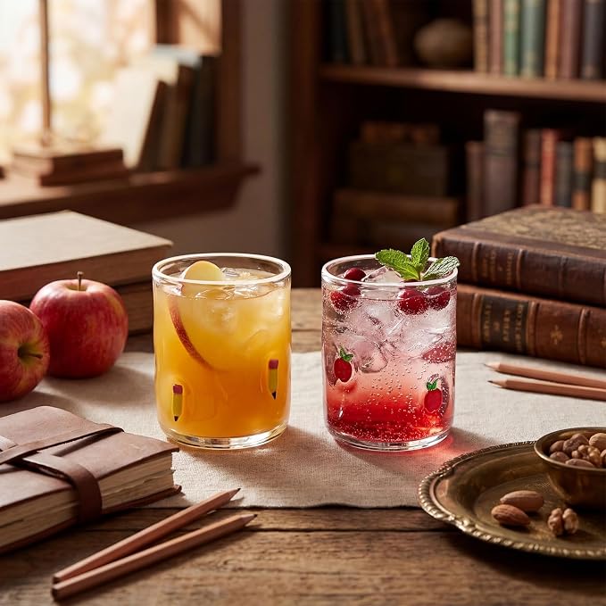 SiliFine 2 Pcs Pencil & Apple Icon Juice Glasses, 14oz Stemless Wine Drinking - Image 5