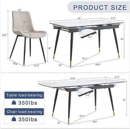 Extendable Dining Table Set for 6, 55'' to 78.8'' Rectangular Thickened Sintered Stone Kitchen Table with 6 Upholstered Chairs, Modern Space Saving 7-Piece Dinner Table Set