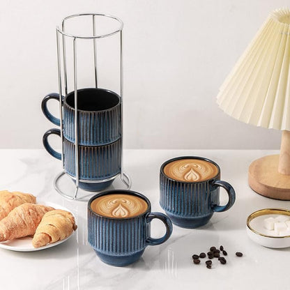 Hasense Navy Coffee Mugs Porcelain Set of 4 - 12 oz Stackable Coffee Cups - Image 5