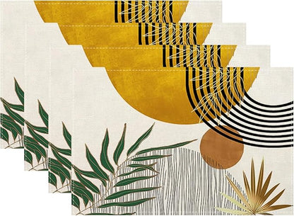 Mid Century Placemats 12x18 Inches Set of 4,Abstract Modern Boho Green Yellow Tropical Leaf Decorative Rectangle Table Mats for Party, Home Kitchen,Dining Table Decoration