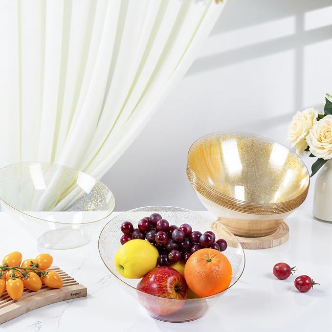 bUCLA 12 Pack Gold Glitter Plastic Serving Bowls - 54 OZ Angled Serving Bowls - Image 3