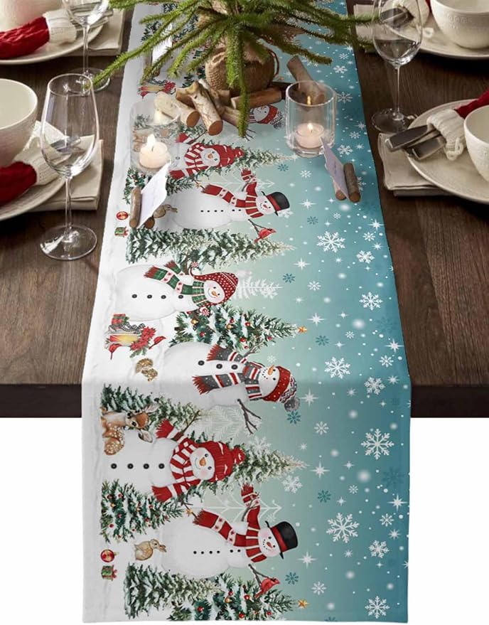 Teal Christmas Snowman Table Runner 120 Inches Long, Xmas Trees Snowflake Table by Unknown