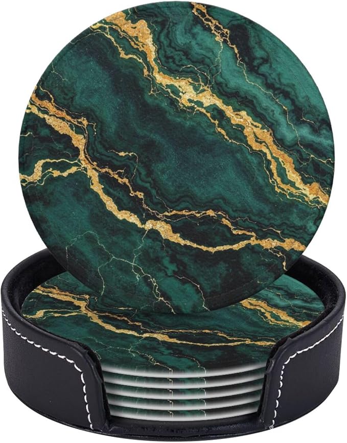 Drink Coasters with Holder Stand Set of 6, Emerald Green Gold Marble Pu Leather by Unknown