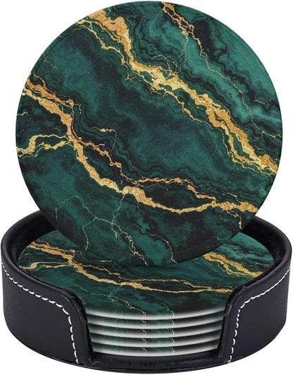 Drink Coasters with Holder Stand Set of 6, Emerald Green Gold Marble Pu Leather by Unknown