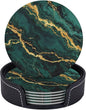 Drink Coasters with Holder Stand Set of 6, Emerald Green Gold Marble Pu Leather by Unknown