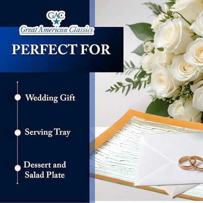 GAC Glass Serving Platter w/Gold Rain Flower Design - Rectangular Dinner Plates, Platters for Serving Food - Decorative Tray for Party - Microwave & Dishwasher Safe Serveware - 10x14 Inch