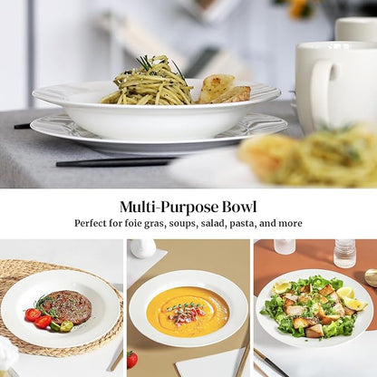 DOWAN Soup and Pasta Bowls Set of 4, White Porcelain Wide Rim Salad Plates, 20 Ounces, Microwave & Dishwasher Safe