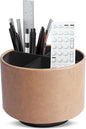 Hennaja Round Leather Art Supply Organizer,Remote Control Holder,360 Degree Spinning,Multi-Functional Pencil Holder,4 Compartments Desktop Stationary Organizer(1-Oil Yellow)