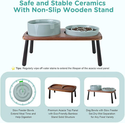 SPUNKYJUNKY Ceramic Elevated Dog Bowls with Slow Feeder Raised Acacia Bamboo Wooden Stand, 8.3'' Dog Food Water Bowls Set Non-Slip for Medium Large Sized Breed Microwave Dishwasher Safe - Light Green